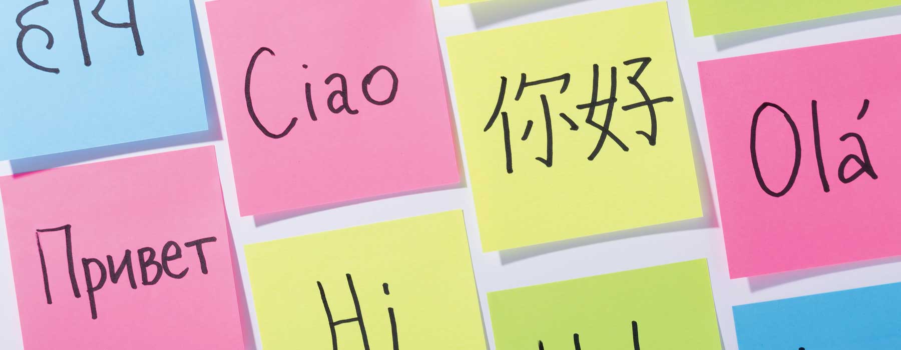 sticky notes with hello written in several languages